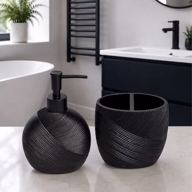 Showerdrape Ripple Black and White Bathroom Accessory Set with Soap Dispenser and Toothbrush Holder – 1