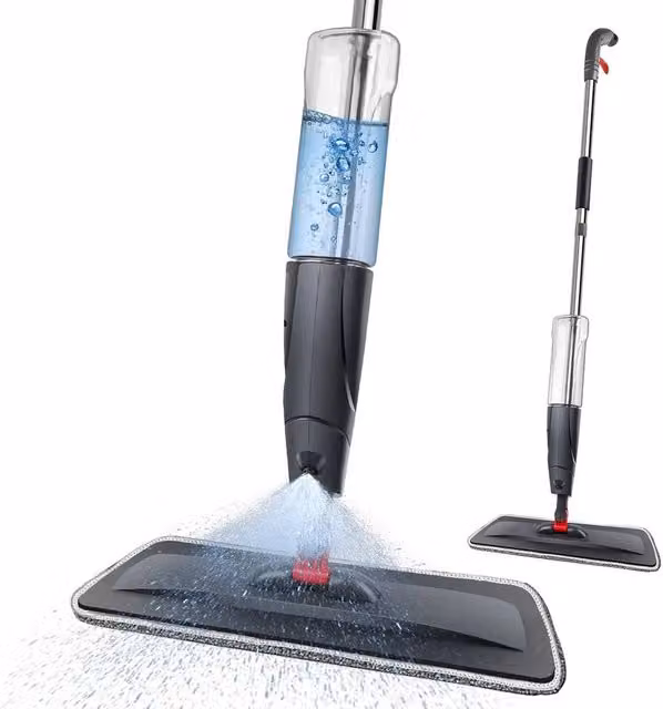 Vogrex Spray Mop for Floor Cleaning in Black with 3 Reusable Microfibre Pads and Scraper