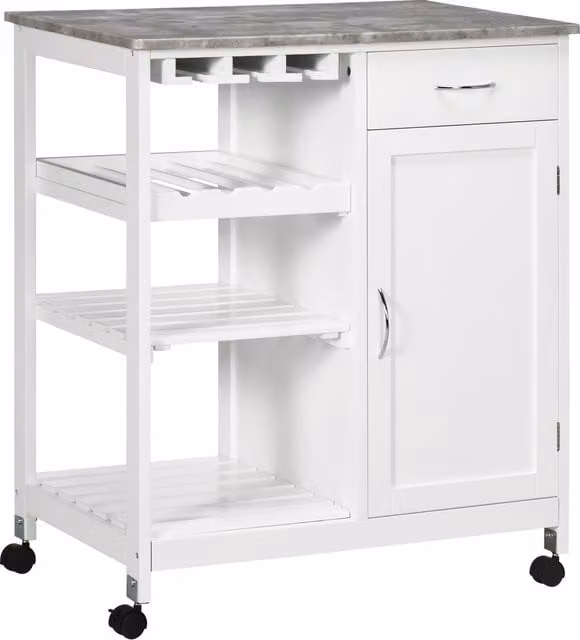 HOMCOM Compact Kitchen Trolley Utility Cart with Wine Rack, Drawer and Storage Cabinet, White – 1