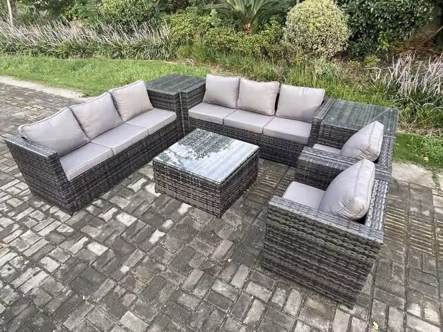 Fimous 8 Seater Rattan Garden Furniture Set in Dark Grey with Upholstered Cushions, 3 Seater Sofa, 2 Armchairs, Coffee Table and 2 Side Tables