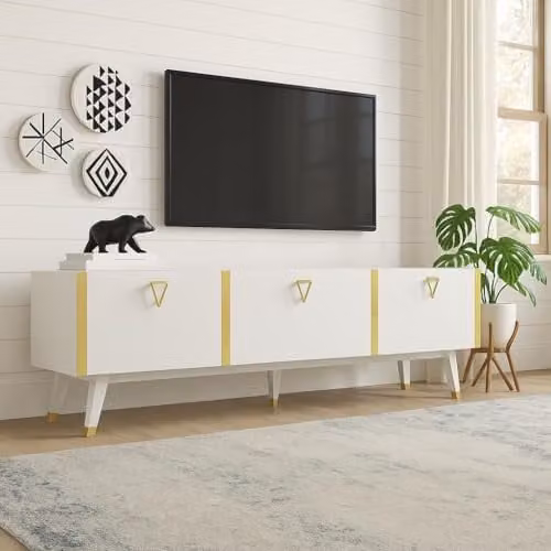 Decorotika Milagro Modern TV Cabinet in White and Gold, W/D/H: 180 x 45 x 59.8 cm – 1