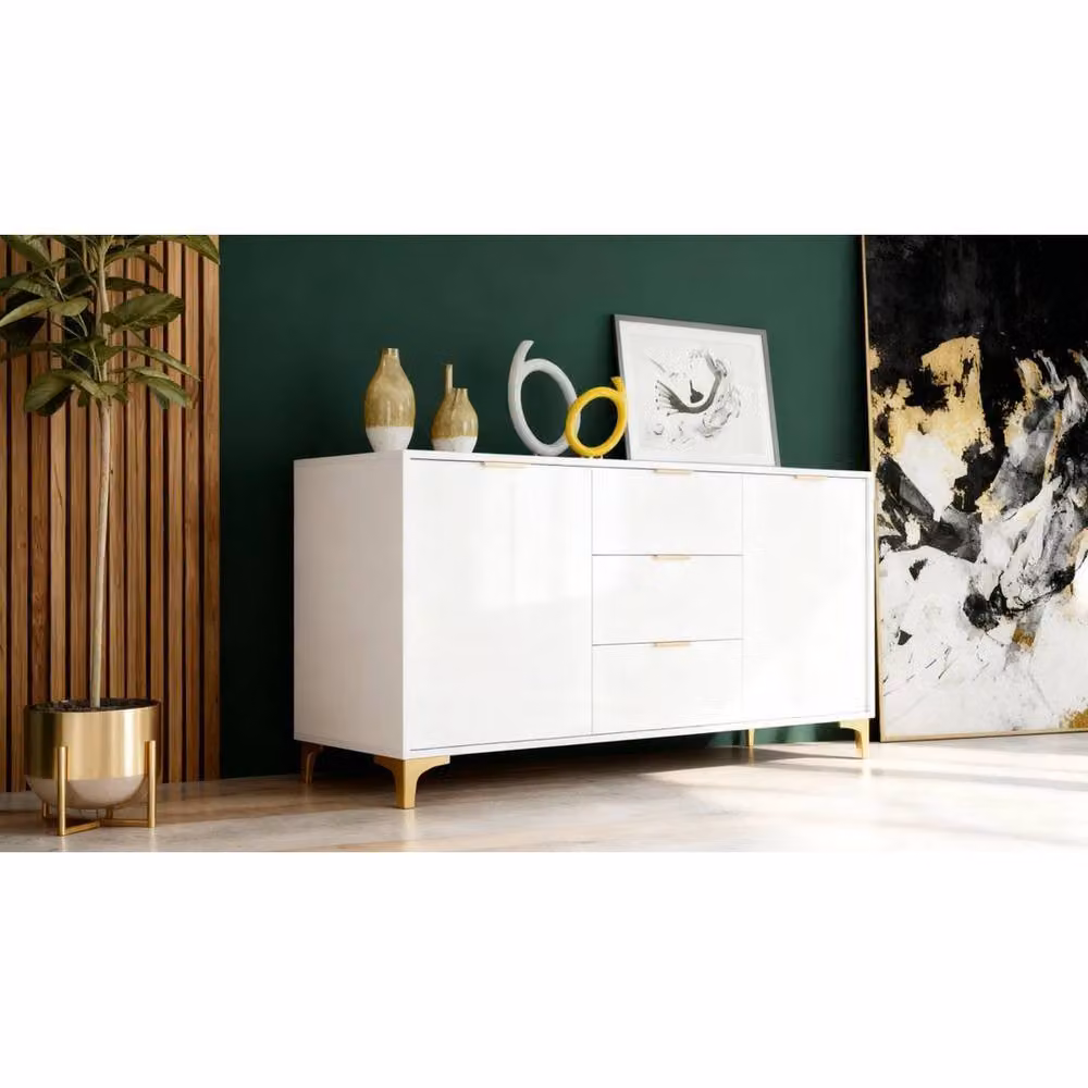 FORGEVIO Modern White and Gold Glossy TV Unit Sideboard Cabinet – 2