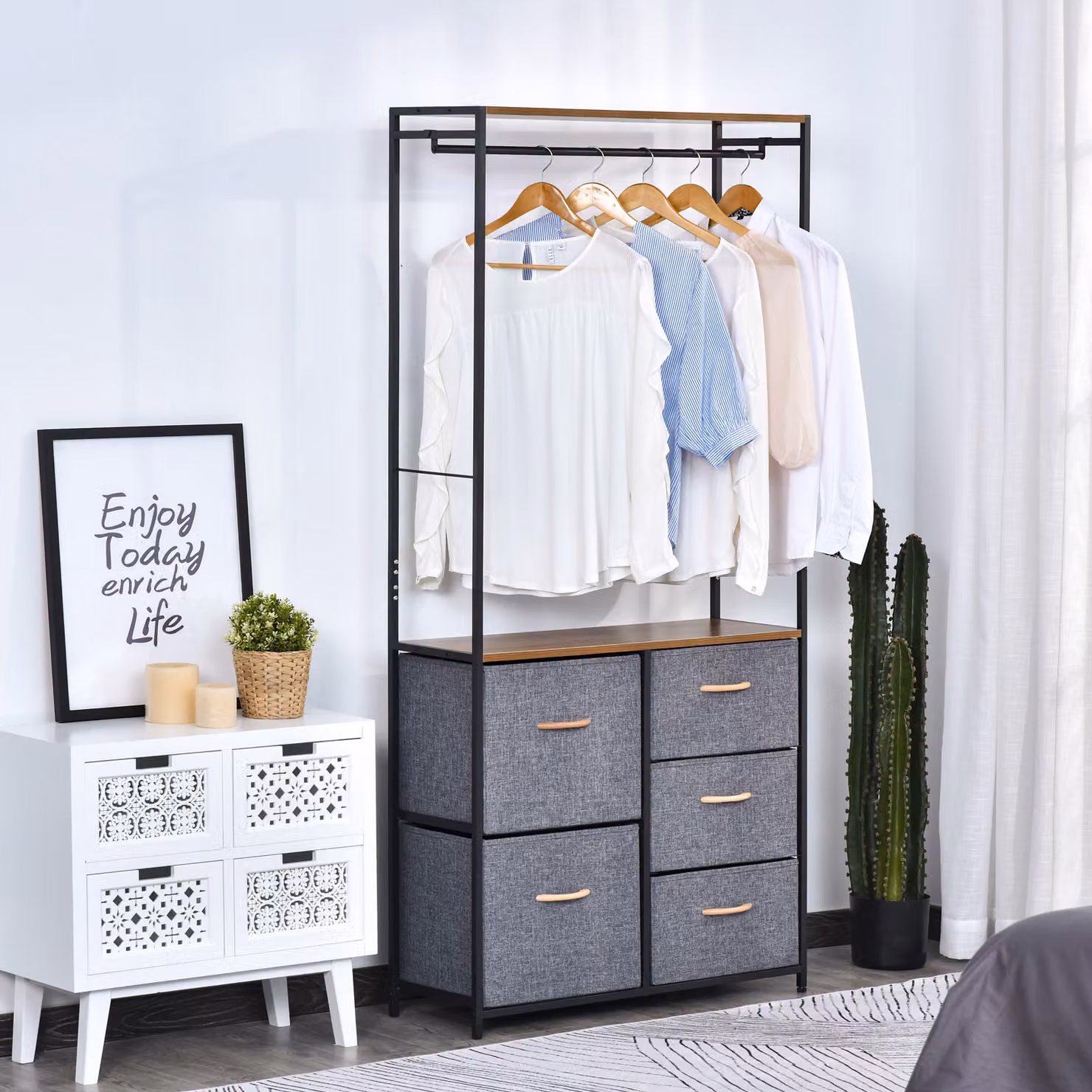 HOMCOM Industrial Freestanding Clothes Hanger and Storage Unit with 5 Drawers and Shelf, H: 175 cm, W: 83 cm, D: 45 cm, Black, Brown and Grey – 2