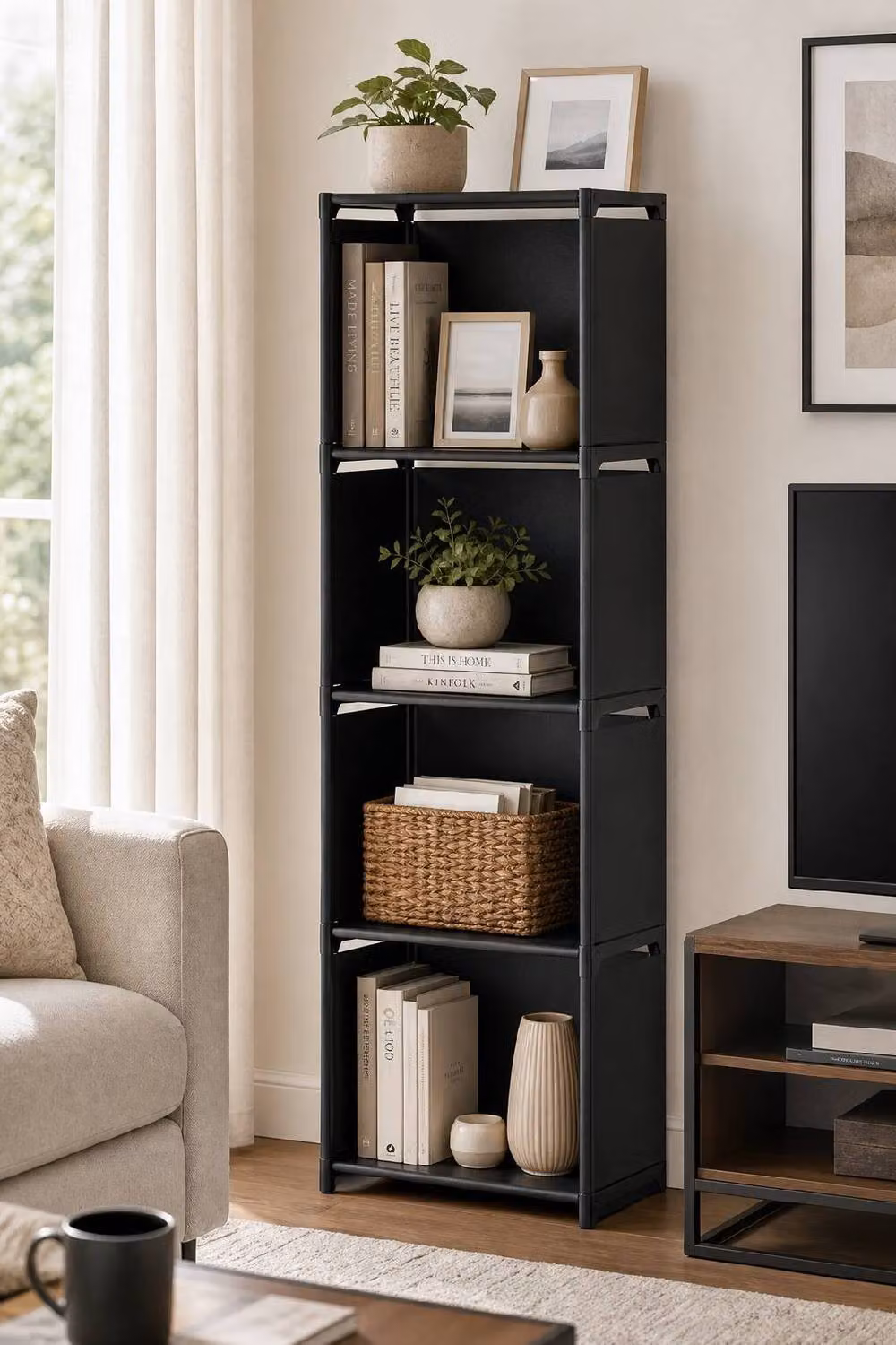 ExtraStar Modern Freestanding Metal Storage Shelf with Back Panel in Matt Black, H 125.0 cm x W 41.0 cm – 2