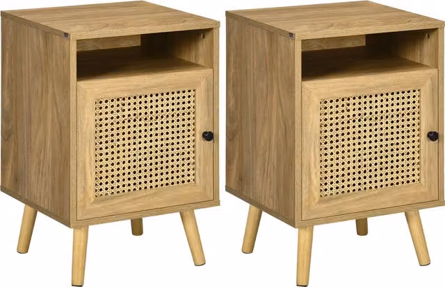 HOMCOM Set of 2 Bedside Tables with Rattan Element and Cupboard in Beige, W/D/H: 39 x 35 x 60 cm – 1