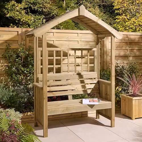 Rowlinsons Sherwood Garden Arbour in Brown Pine Wood, W: 161 cm, D: 66.5 cm, H: 211.5 cm – 1