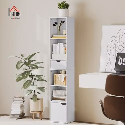 HOMCOM Narrow 6-Tier White Bookshelf with Drawer, W/D/H: 30 x 24 x 158 cm – 2