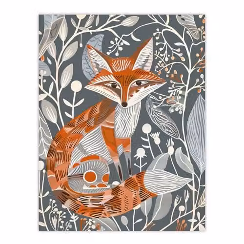 Artery8 Woodland Fox Folk Art Grey Rustic Wildflowers Unframed Paper Wall Art Poster – 1
