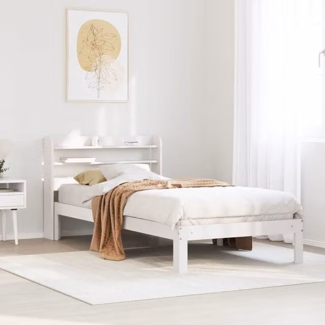 Berkfield Home White Pine Wood Bed Frame with Headboard W: 90 cm, L: 200 cm