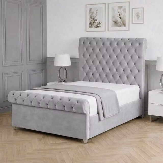 Living Comfort Bedz Regency Sleigh Slatted Base Upholstered Velvet Bed in Silver, Super King, W/D/H: 200 x 200 cm