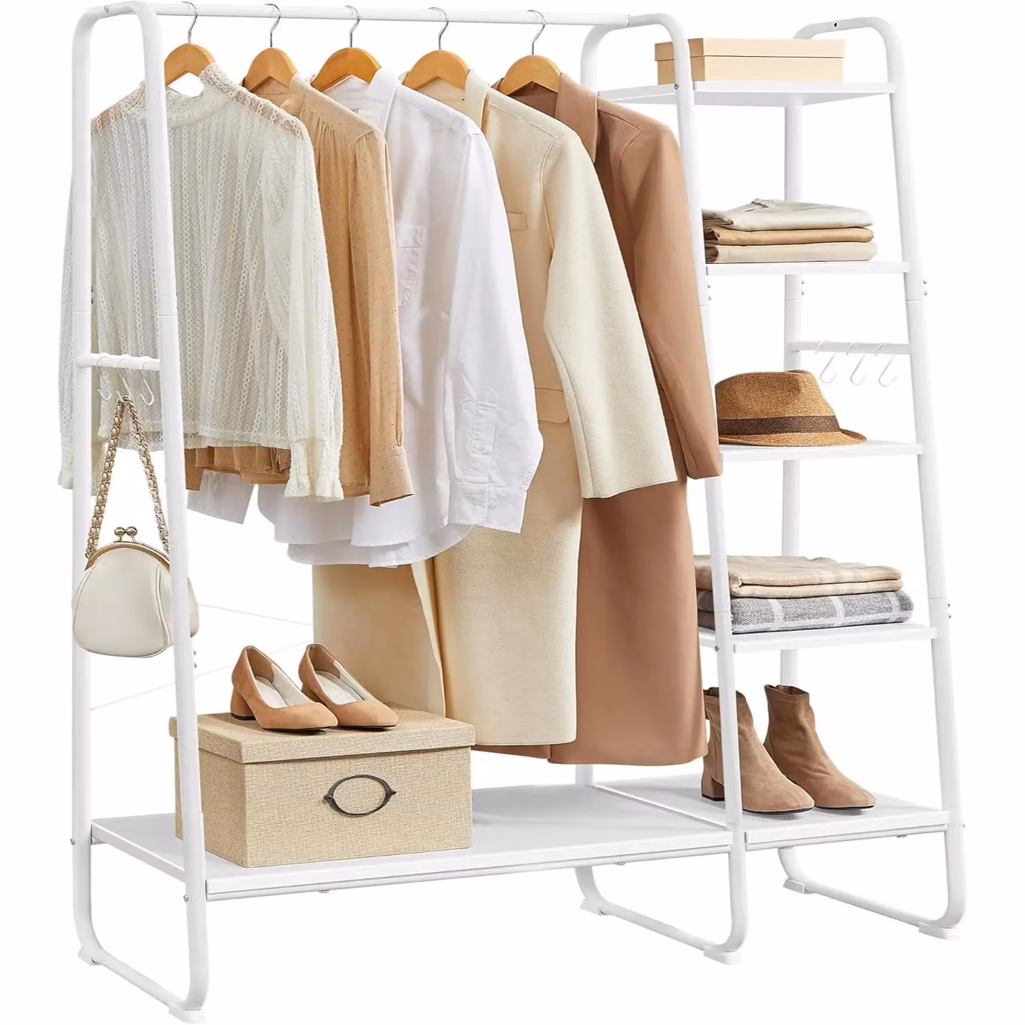 VASAGLE 5 Tier Clothes Rack with Shoe Storage and Side Hooks in White – 2