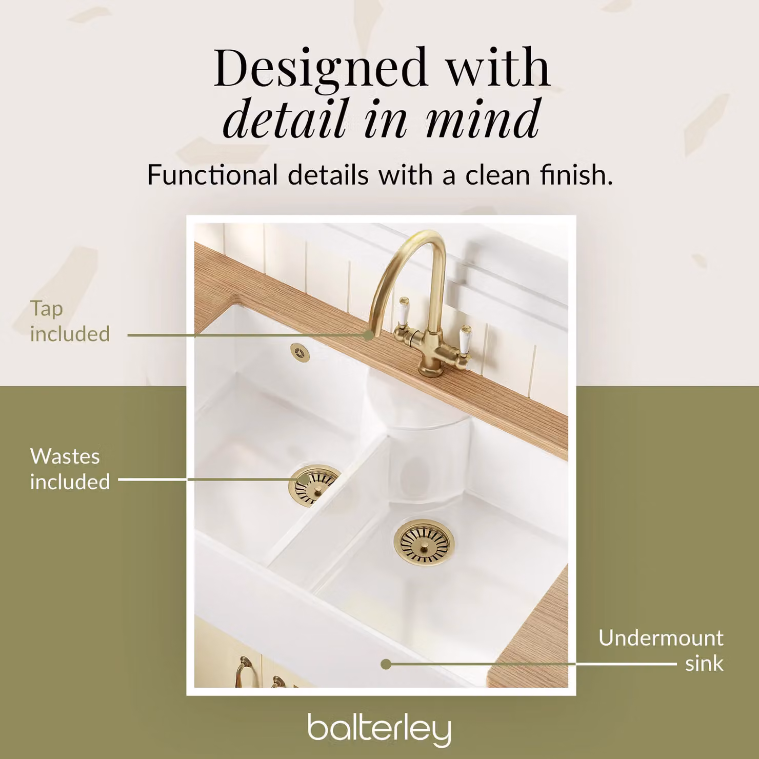 Balterley White Ceramic 2 Bowl Stepped Weir Butler Sink with Wastes and Tap, W: 89.5 cm – 2