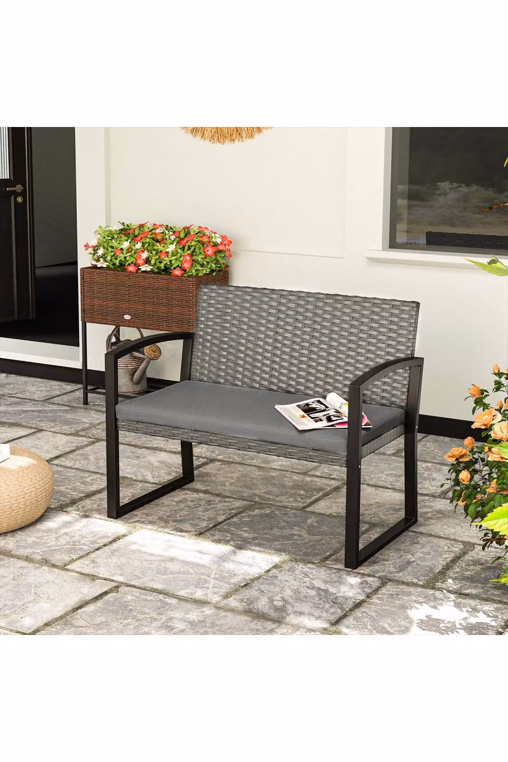ERGOVEXA Two-Seater Modern Rattan Garden Bench with Armrests and Cushions, Grey, W: 103 cm, H: 78 cm, D: 58 cm – 4