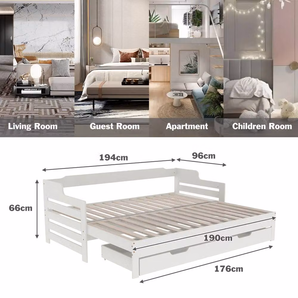 BTM White 3FT Daybed with Storage Drawer and Trundle, W/D/H: 190 x 90 x 66 cm – 2