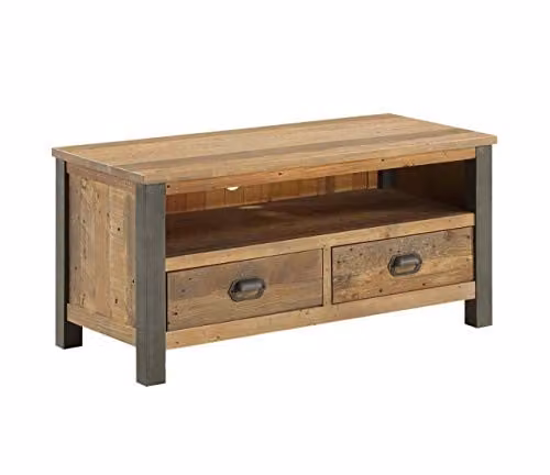 baumhaus Urban Elegance Industrial Reclaimed Widescreen TV Cabinet in Brown with Solid Wood and Steel Frame, W: 100 cm, D: 45 cm, H: 47 cm – 1