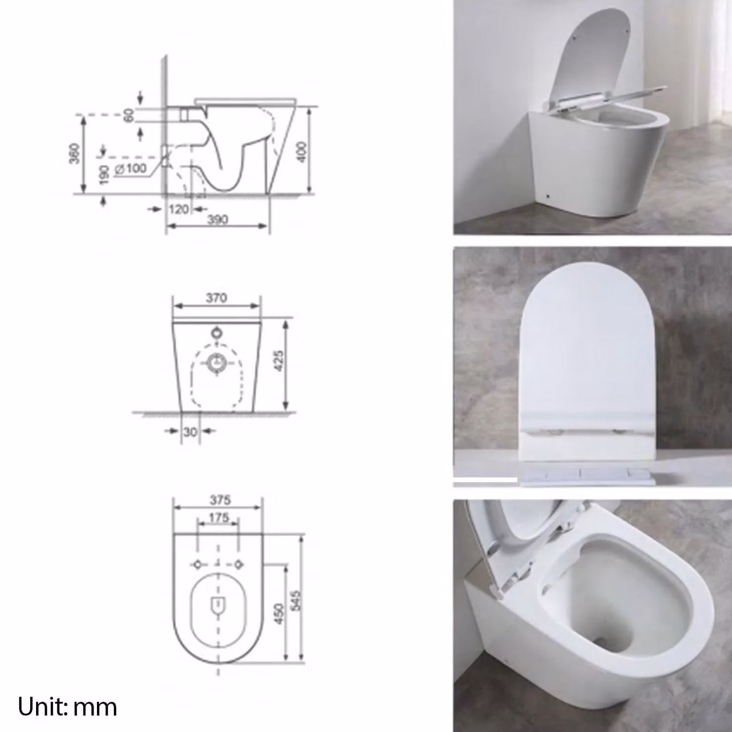 Limoge Baku White Ceramic Back-to-Wall Rimless Toilet with Soft-Close Seat, W/D/H: 42 x 37.5 x 54.5 cm – 2
