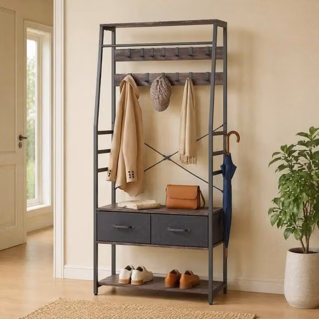 STILVORA Industrial Hall Tree with Bench, Shoe Storage and 10 Hooks in Grey and Black – 1