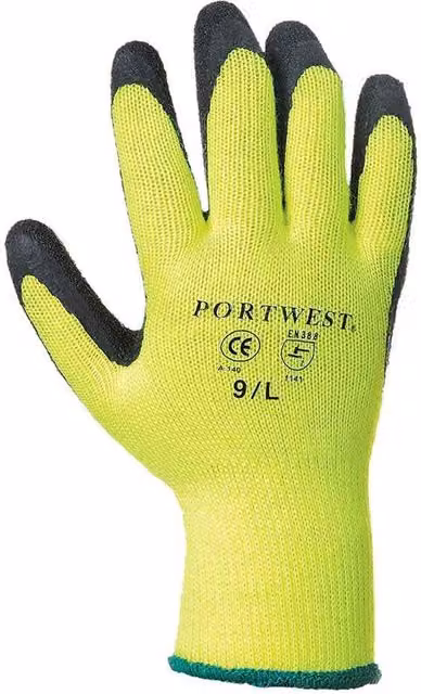 Portwest Thermal Grip Latex Gloves in Yellow, Size: Large – 1