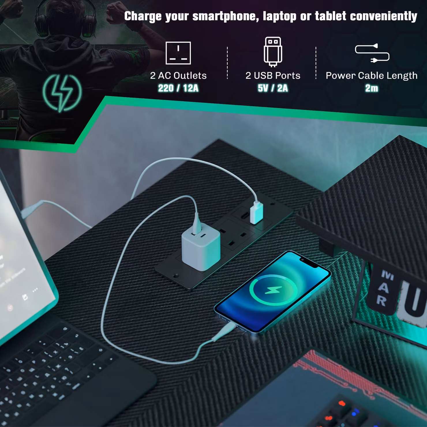 HOMCOM Reversible L Shape Gaming Desk with LED Light and Power Outlets in Black – 4