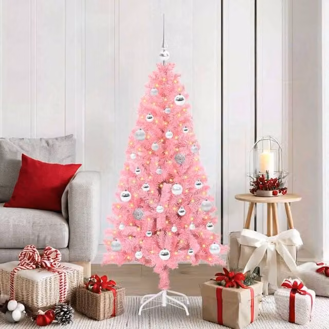 Berkfield Home Pink PVC Christmas Tree with 150 LEDs and Stand, Height: 150 cm – 1