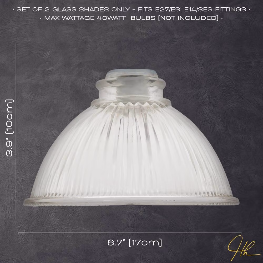 Happy Homewares Pair of American Diner Ribbed Clear Glass Lamp Shades for E14 and E27 – 2