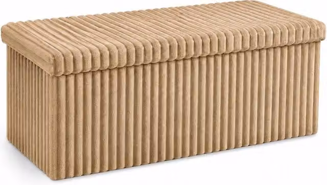 Homes-Linen Corduroy Ribbed Foldable Storage Ottoman in Beige, W: 78 cm, D: 38 cm, H: 38 cm – 1