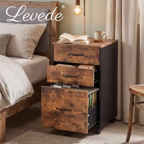 Levede 3 Drawer Slim Mobile Filing Cabinet in Brown with Castors for Home Office, W/D/H: 40.0 x 14.85 x 68.0 cm – 7