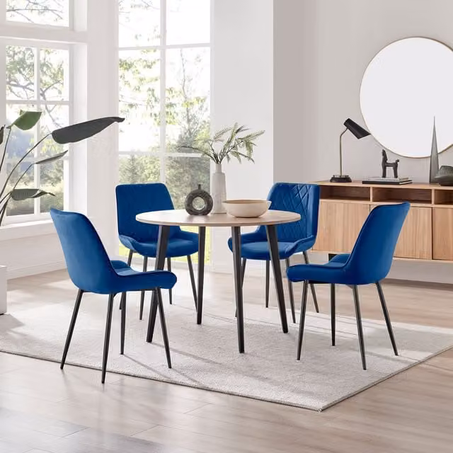 FurnitureboxUK Koko Oak Effect Round Dining Table and 4 Pesaro Navy Blue Dining Chairs with Black Legs