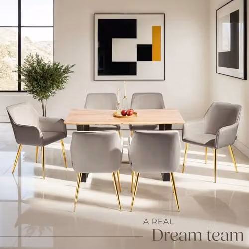 tectake Set of 4 Modern Velvet-Look Dining Chairs with Armrests in Beige and Gold – 2