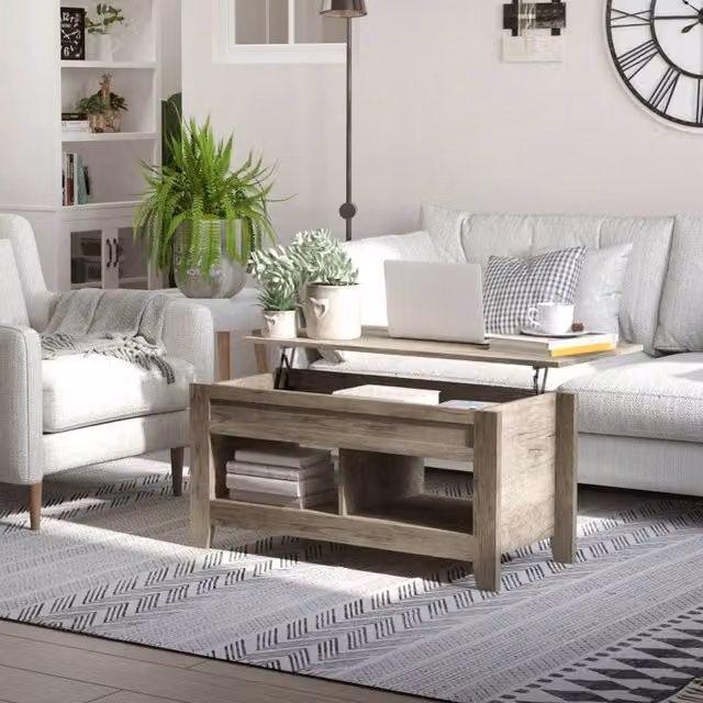 STILVORA Modern Rectangular Coffee Table with Lift Top and Hidden Storage in Light Oak