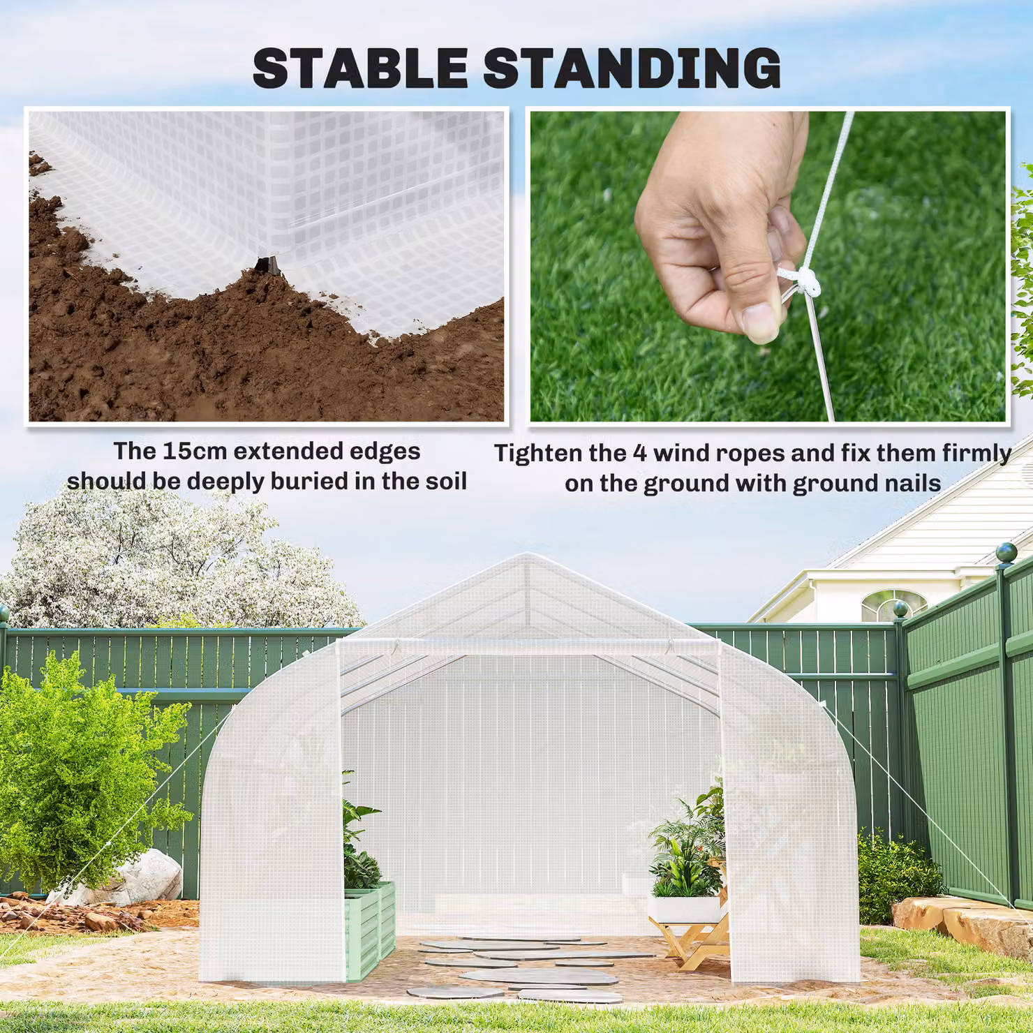 Outsunny White Walk-In Greenhouse Polytunnel with Steel Frame, Roll Up Door and Windows, W: 4.5 m, D: 3 m, H: 2 m – 3