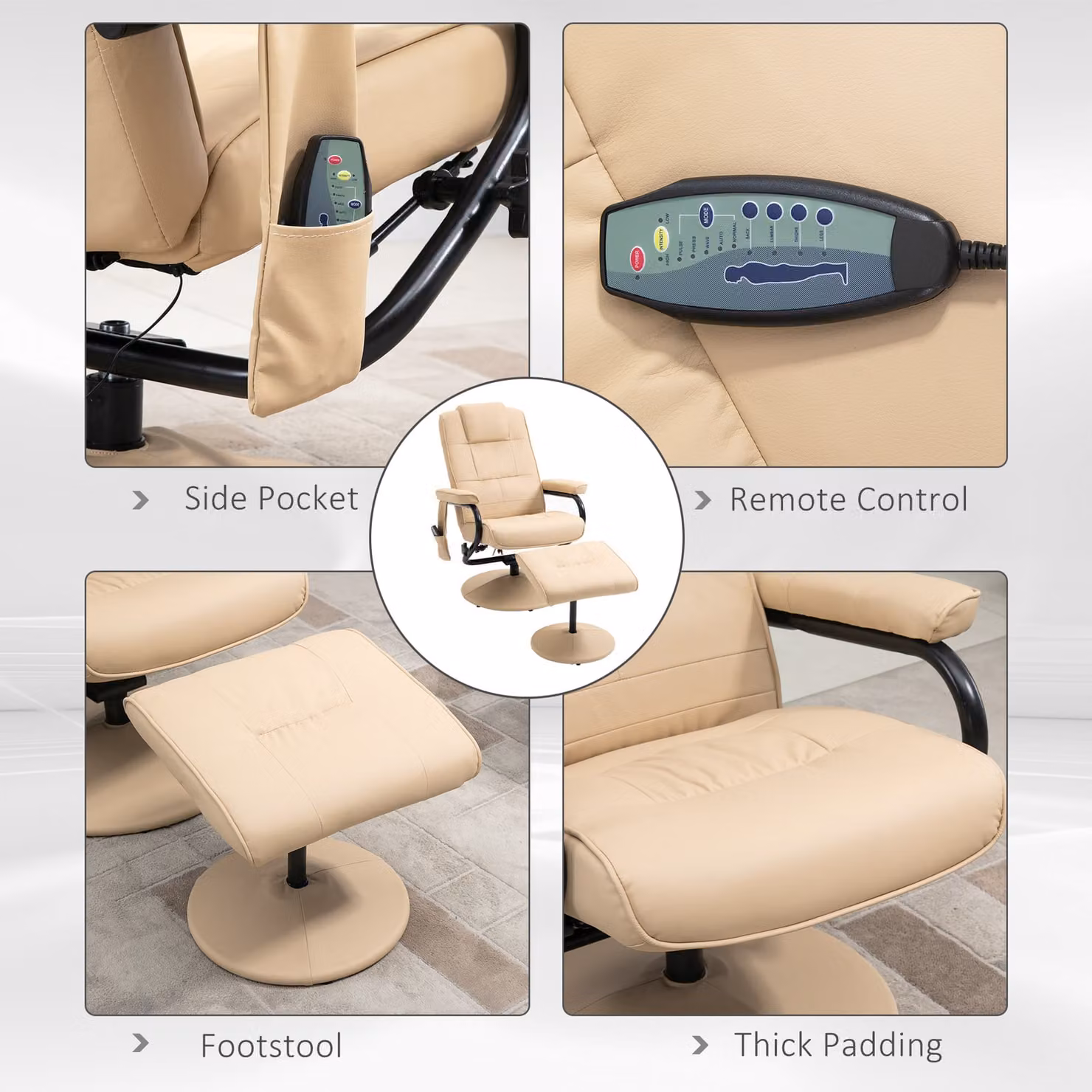 HOMCOM Manual Reclining Armchair with Ottoman in Beige PU Leather – 3