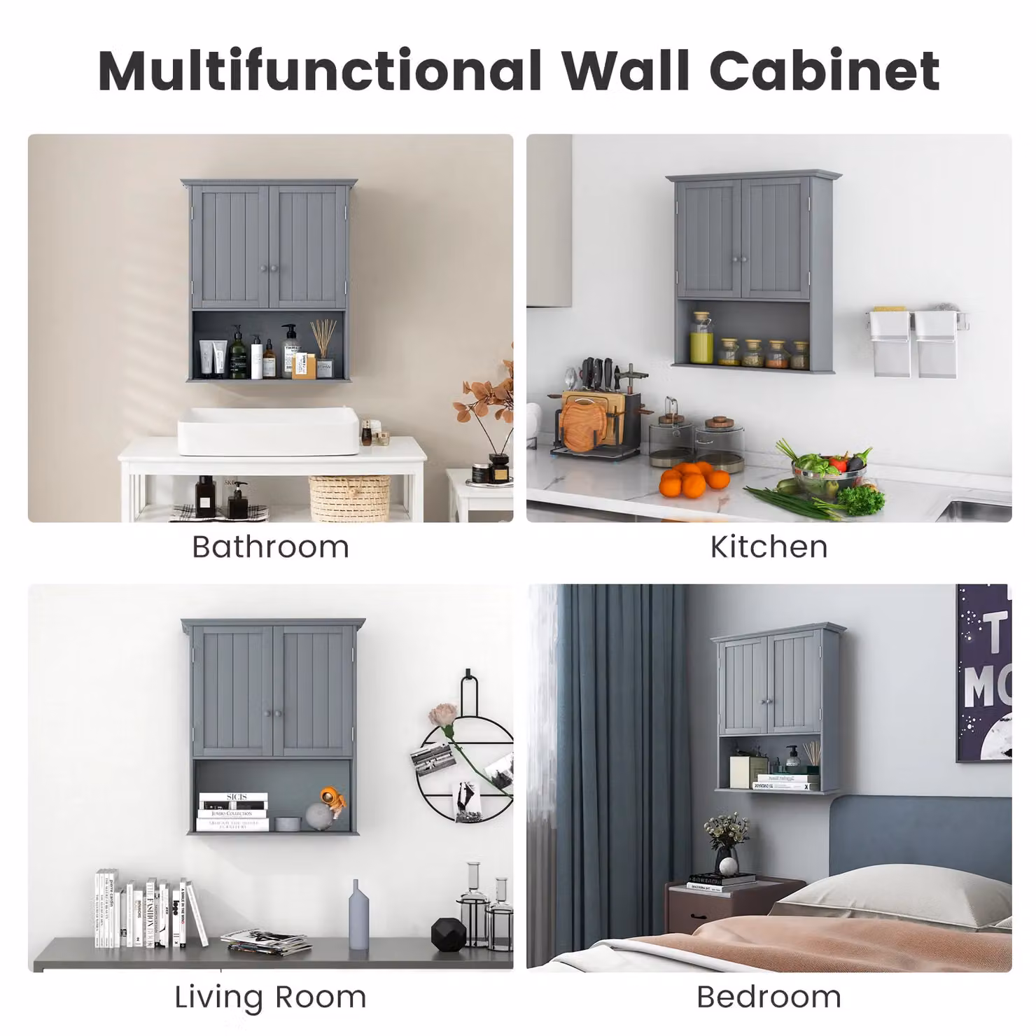 Costway Grey Wall Mounted Bathroom Storage Cabinet with Internal Shelves and Hinged Doors – 6