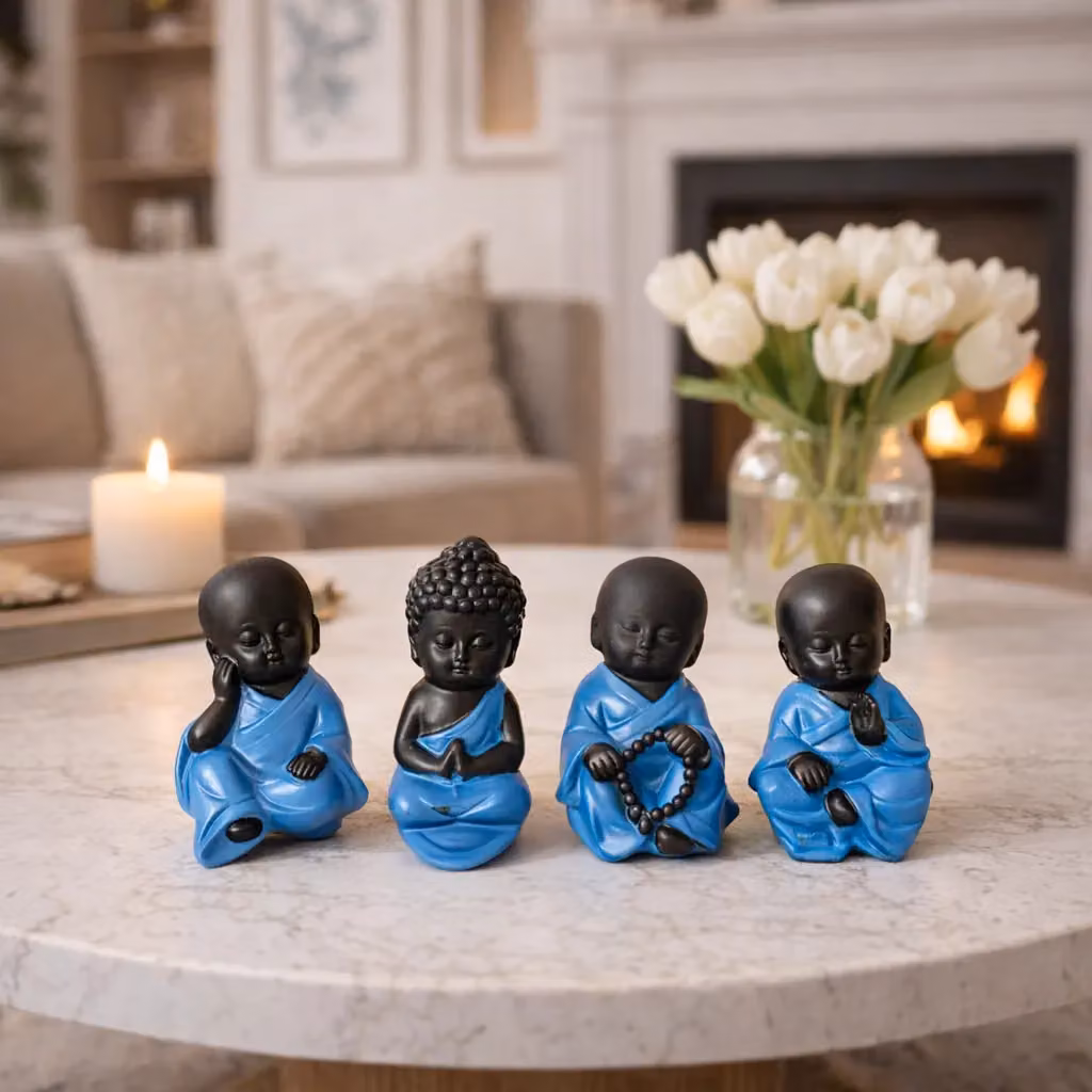 Marco Paul Set of 4 Mini Sitting Lucky Buddha Blue Ceramic Tabletop Ornaments – 7