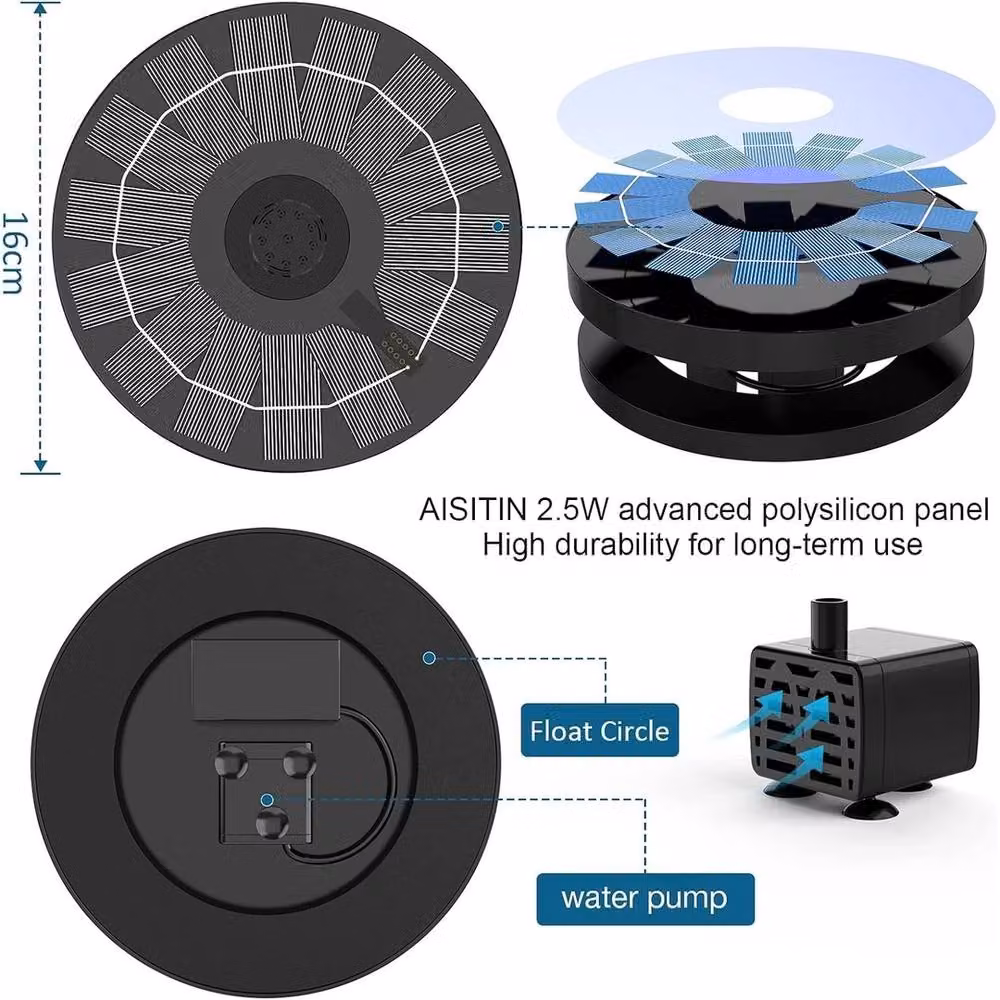 NESTLUNE 2.5W Floating Solar Pond Fountain Pump in Black – 2