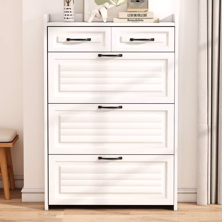 BTM White Modern Shoe Storage Cabinet with Tilting Compartments and Drawers, W/D/H: 80 x 23.5 x 131 cm