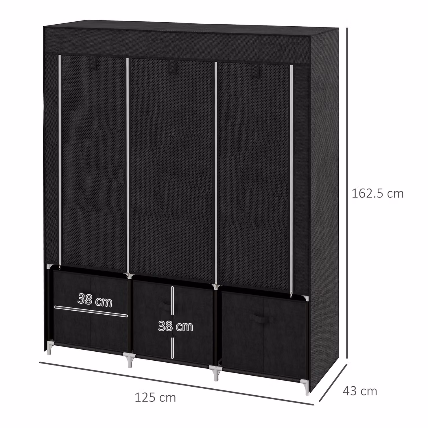 HOMCOM Foldable Fabric Wardrobe in Black with 5 Shelves, 2 Hanging Rails and 3 Drawers – 3