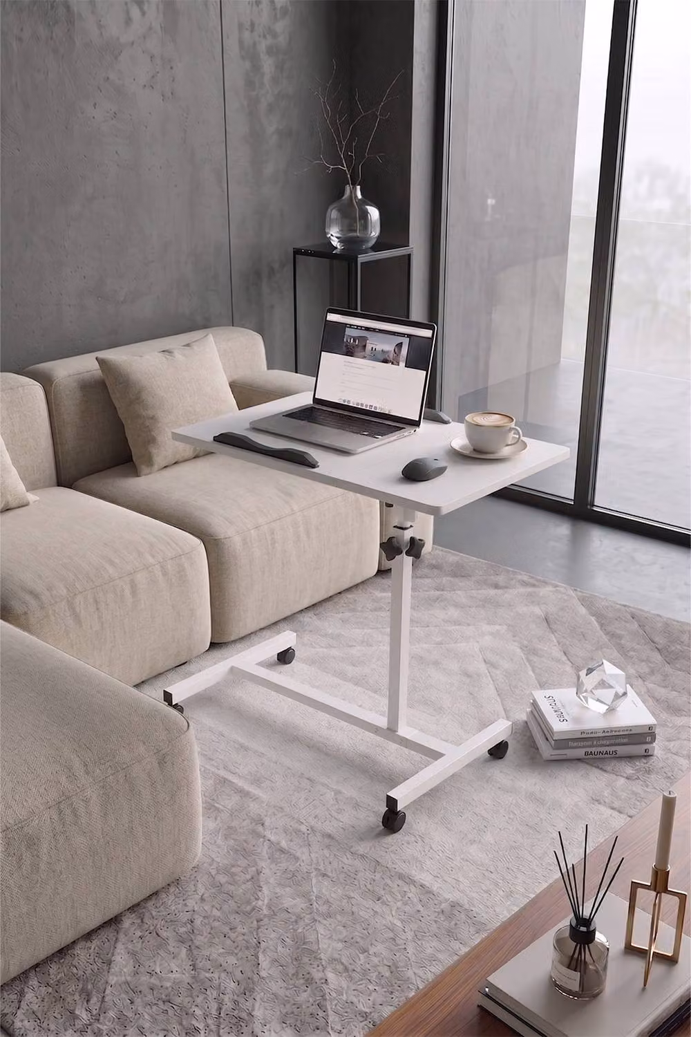 Living and Home Height Adjustable Overbed Computer Desk with Tilting Top and Castors in White – 2