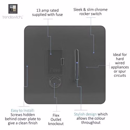 Trendi Switch Modern Glossy Single 13 A Fused Spur Connection Unit with Flex Outlet and Chrome Rocker in Charcoal Grey – 2