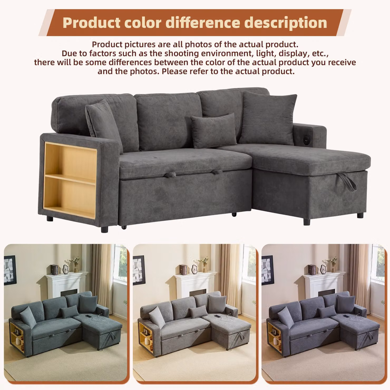 Matteo Reversible L-Shaped Corner Sofa Bed with Storage and USB Charging in Grey – 5
