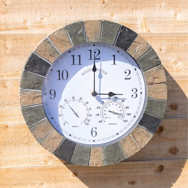 Garden Mile Stone Effect Round Hanging Garden Wall Clock in Beige and Grey