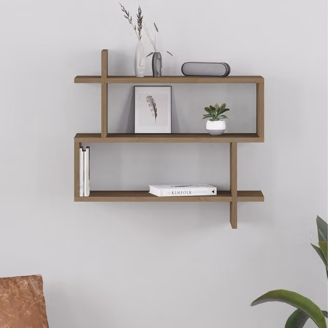 Decortie Paralel Wall Mounted Modern 2-Tier Bookcase Display Unit in Brown, W: 70 cm, H: 22 cm, D: 66 cm – 1