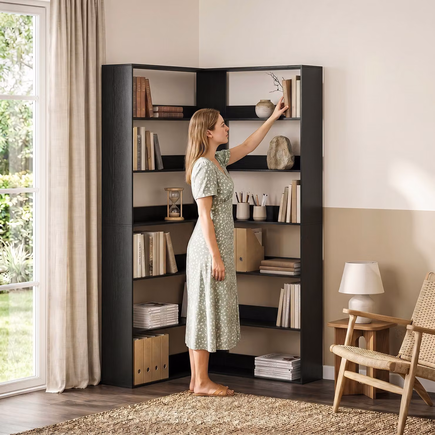 HOMCOM 7-Tier L-Shaped Corner Bookshelf in Black Wood Effect – 7
