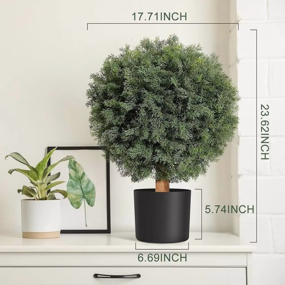 VOGREX Set of 2 Green Artificial Cedar Topiary Ball Trees, UV Resistant, Height: 43.18 cm – 2