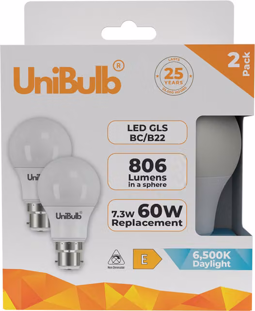 UniBulb LED GLS B22 Globe Bulb, 806lm, 7.3W, 6500K Daylight White