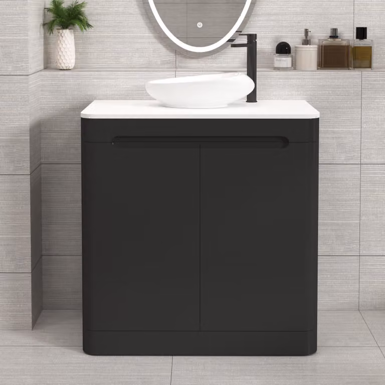 Royal Bathrooms Venice 800mm Matt Nocturne Black Floor Standing 2 Door Vanity Unit with Plain White Worktop and Nova Basin