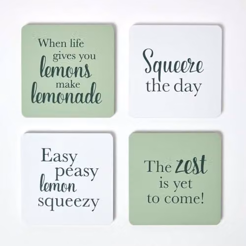 Homescapes Set of 4 Non-Slip Square Coasters with Holder, Green Citrus Design
