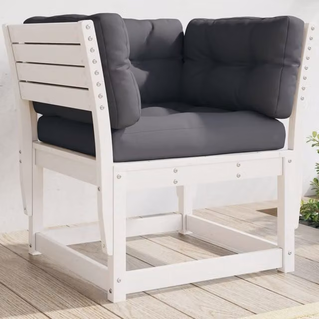 Berkfield White Solid Wood Pine Garden Sofa Armrest with Cushions