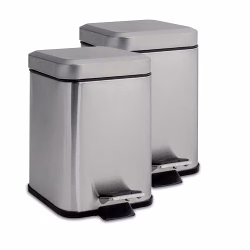 Harbour Housewares Pack of 2 Square Stainless Steel Pedal Bins, 3L, Silver