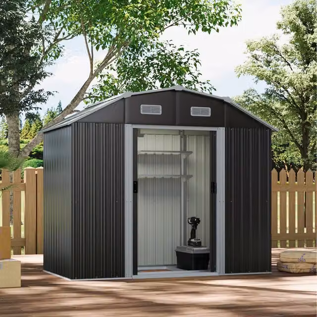 Livingandhome Curved Metal Garden Shed with Shelving in Anthracite Black